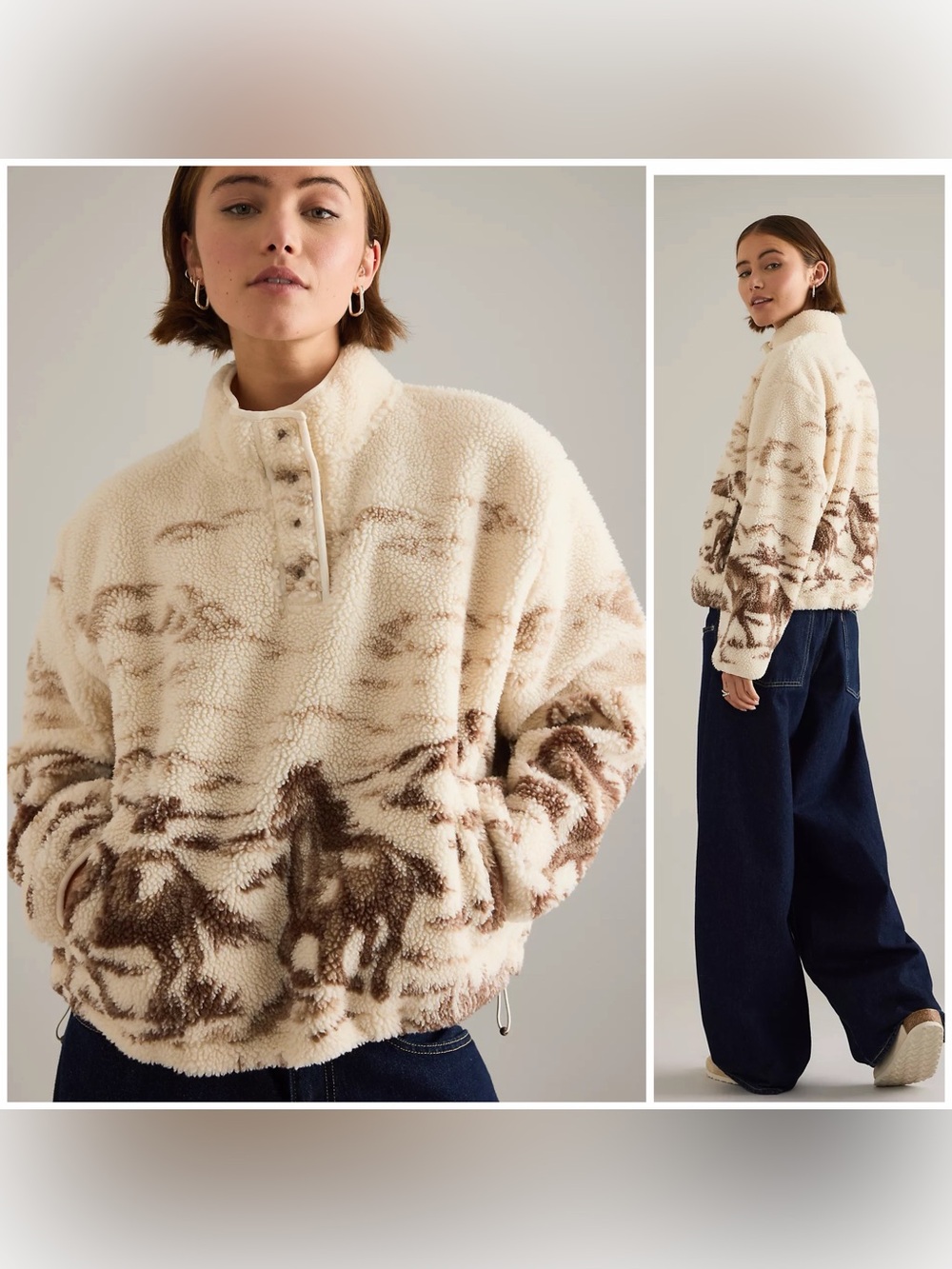 LEVI'S Women's Kasey Wild Horses Sherpa Pullover White Ivory Brown Sz XL NWT